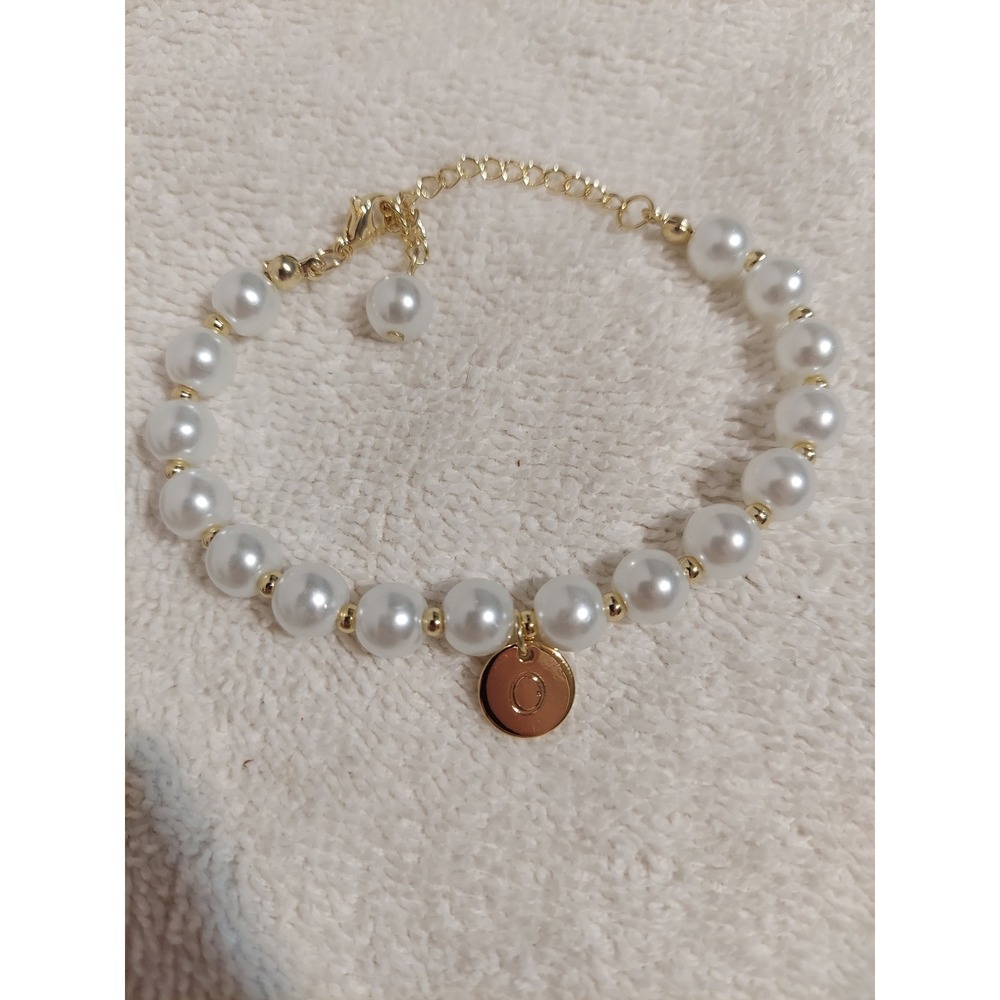 Gold Tone Pearl Charm Bracelet Initial O